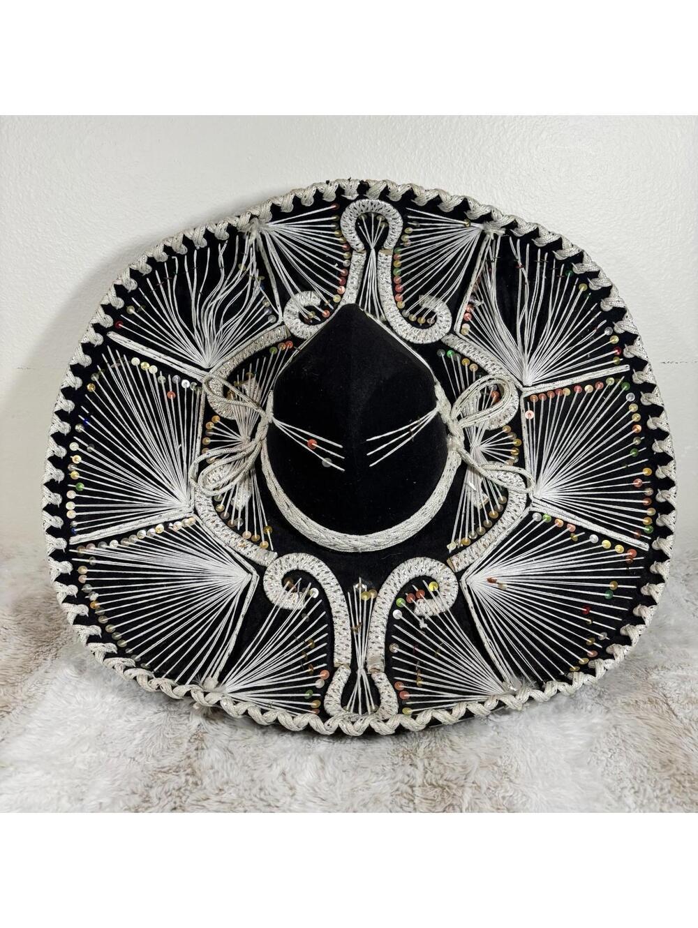 Vintage Mexican Charro Sombrero Hat Black Sequin String Art Made in Mexico